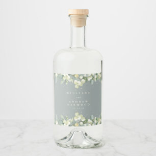 Seafoam Green Snowberry+Eucalyptus Winter Wedding Liquor Bottle Label