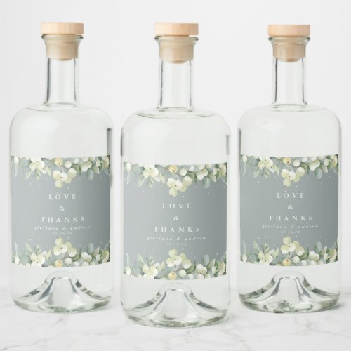 Seafoam Green SnowberryEucalyptus Winter Wedding Liquor Bottle Label