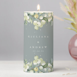 Seafoam Green Snowberry+Eucalyptus Winter Wedding Pillar Candle