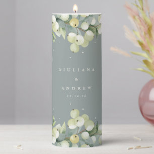 Seafoam Green Snowberry+Eucalyptus Winter Wedding Pillar Candle