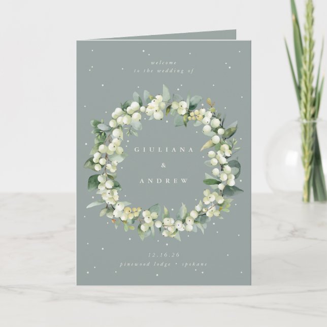Seafoam Green Snowberry+Eucalyptus Winter Wedding Program (Front)