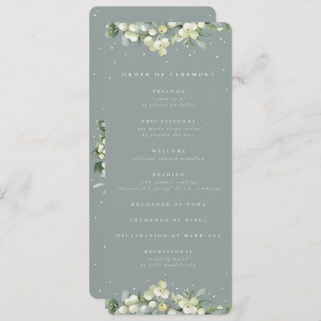 Seafoam Green Snowberry+Eucalyptus Winter Wedding Program (Front/Back)