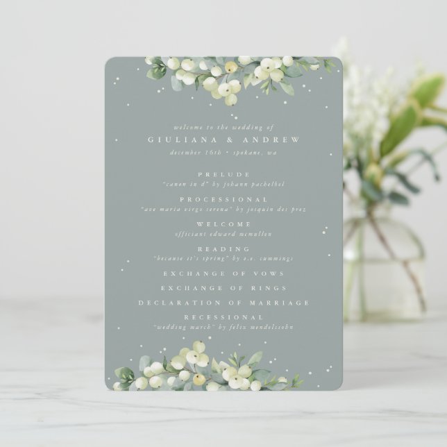 Seafoam Green Snowberry+Eucalyptus Winter Wedding Program (Standing Front)