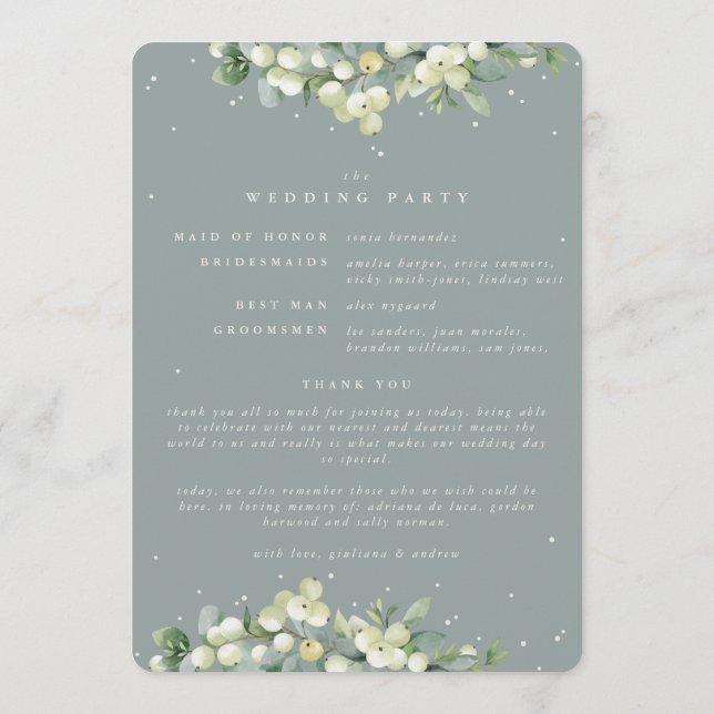 Seafoam Green Snowberry+Eucalyptus Winter Wedding Program (Back)