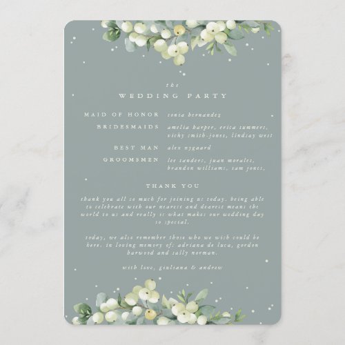 Seafoam Green SnowberryEucalyptus Winter Wedding Program
