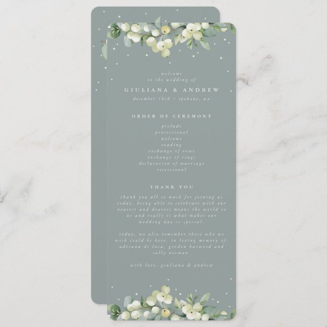 Seafoam Green Snowberry+Eucalyptus Winter Wedding Program (Front/Back)