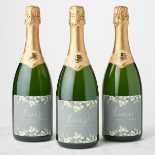Seafoam Green Snowberry+Eucalyptus Winter Wedding Sparkling Wine Label