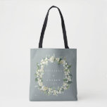 Seafoam Green Snowberry Eucalyptus Winter Wedding Tote Bag<br><div class="desc">Elegant soft blue-green winter wedding tote bag featuring a wreath of hand painted snowberries and eucalyptus. Give as a memento,  or use as a gift/favor/welcome bag. All text is fully editable so you can easily change the font style/color/size and delete or move text. Coordinating items available in my store.</div>