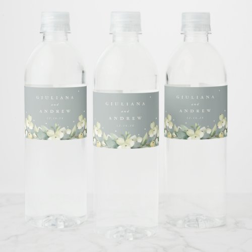 Seafoam Green SnowberryEucalyptus Winter Wedding Water Bottle Label