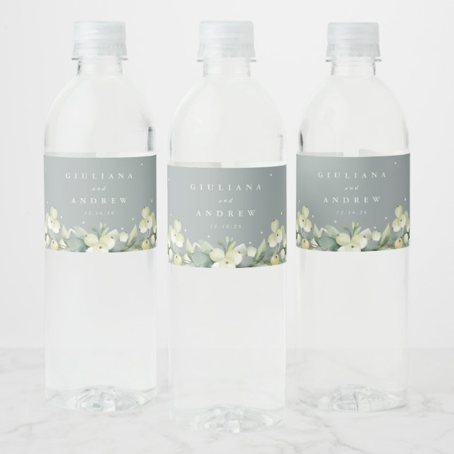 Seafoam Green Snowberry+Eucalyptus Winter Wedding Water Bottle Label (Bottles)