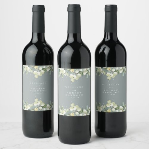Seafoam Green SnowberryEucalyptus Winter Wedding Wine Label