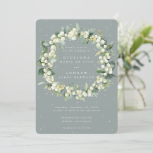 Seafoam Green Snowberry+Eucalyptus Wreath Wedding Invitation