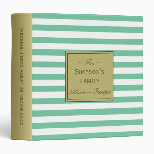 Seafoam Green Striped White Wedding Photo Recipes 3 Ring Binder