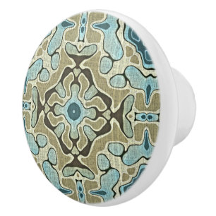 Seafoam Green Teal Blue Ochre Ethnic Tribe Art Ceramic Knob