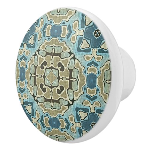 Seafoam Green Teal Blue Ochre Ethnic Tribe Art Ceramic Knob
