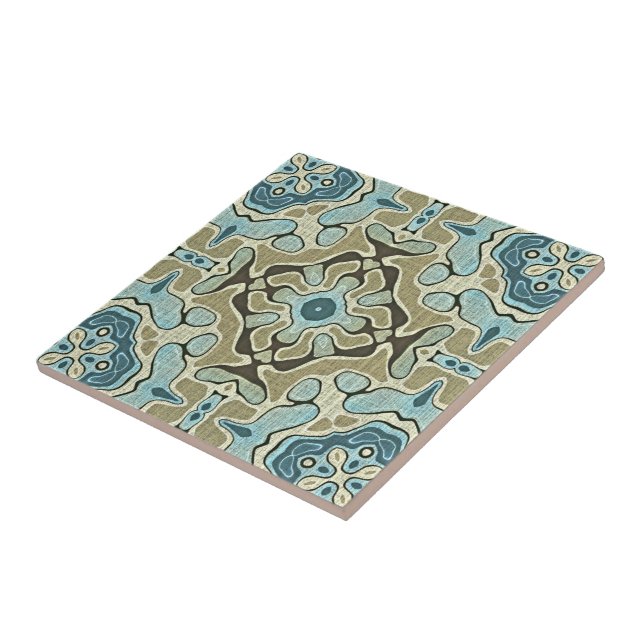 Seafoam Green Teal Blue Ochre Ethnic Tribe Art Ceramic Tile (Side)