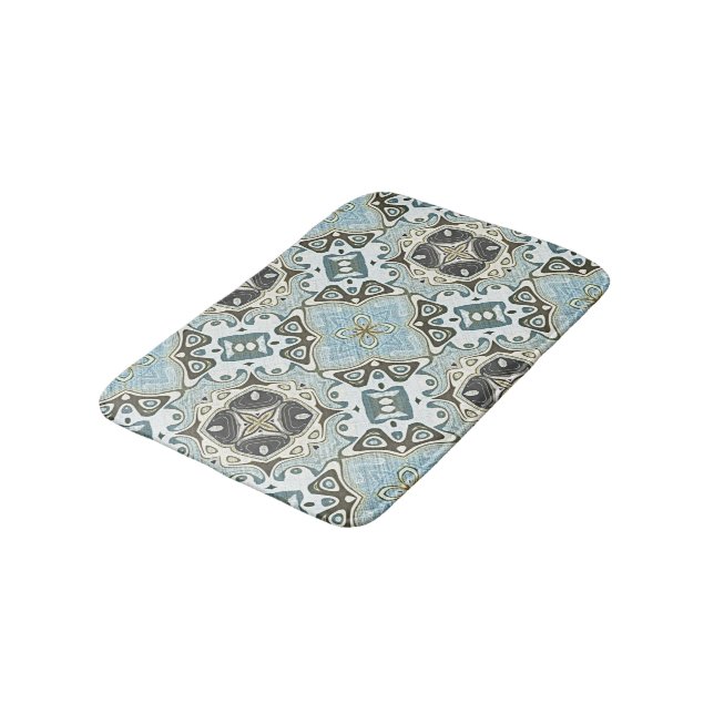 Seafoam Green Teal Turquoise Bali Batik Pattern Bath Mat (Angled)