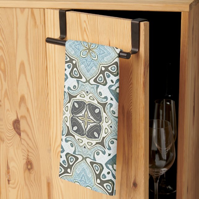 Seafoam Green Teal Turquoise Bohemian Tribe Art Kitchen Towel (Thirds Fold)