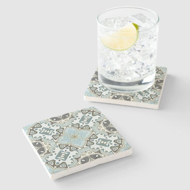 Seafoam Green Teal Turquoise Bohemian Tribe Art Stone Coaster (Side)