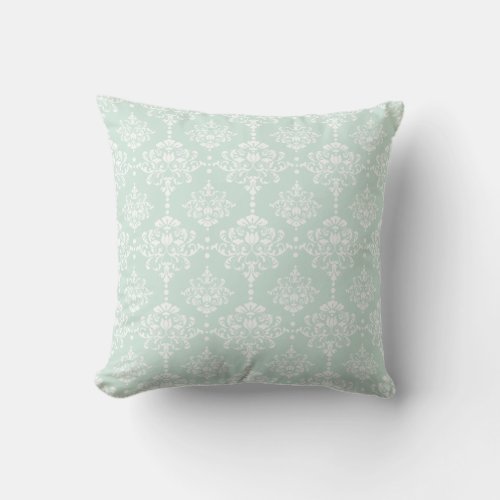 Seafoam Green Vintage Floral Damask Pattern Throw Pillow