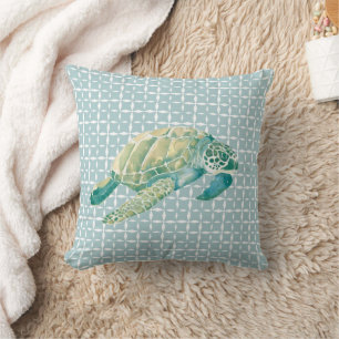 Seafoam Green Watercolor Sea Turtle Beach House Throw Pillow