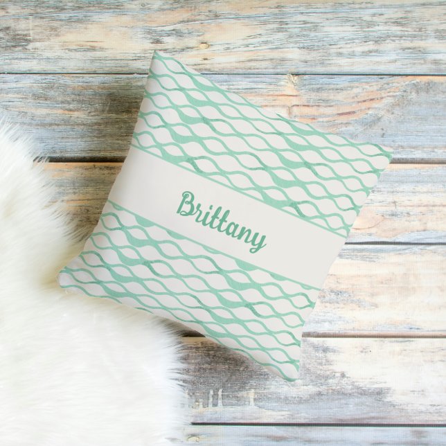 Seafoam Green Waves Personalized Coastal Decor Throw Pillow (Seafoam Green Teal Wave Pattern Coastal Decor Throw Pillow)