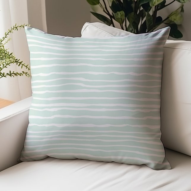 Seafoam Green Whimsical Hand-Drawn Stripes Throw Pillow (Creator Uploaded)