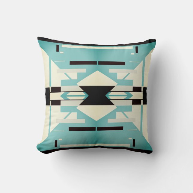 Seafoam Green White Black Symmetric Southwest Look Throw Pillow (Front)