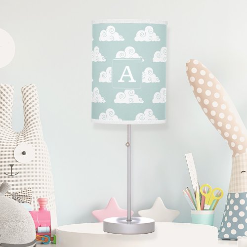 Seafoam Green White Clouds Monogrammed table lamp