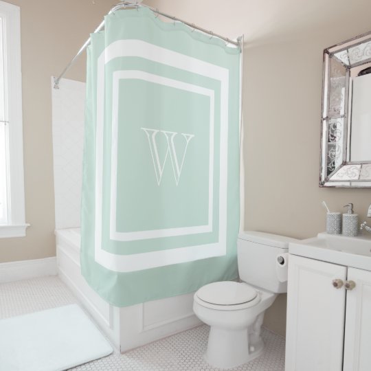 Seafoam Green White Framed Monogram Shower Curtain