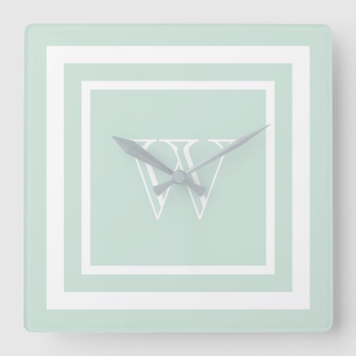 Seafoam Green White Framed Monogram Square Wall Clock