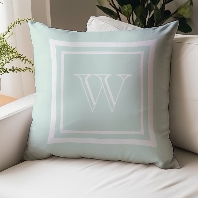 Seafoam Green White Framed Monogram Throw Pillow (Creator Uploaded)