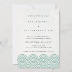 Seafoam Green+White Stylized Waves Elegant Wedding Invitation