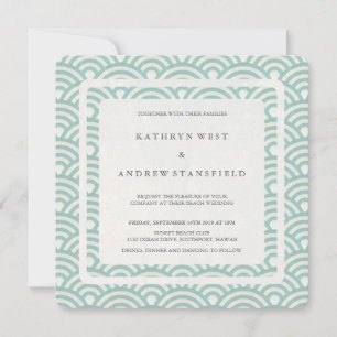 Seafoam Green+White Stylized Waves Modern Wedding Invitation