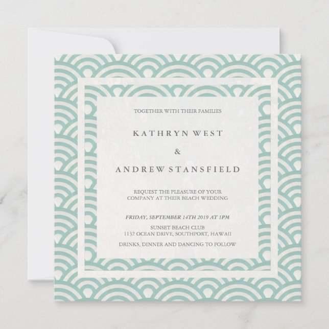 Seafoam Green + White Waves Elegant Beach Wedding Invitation (Front)