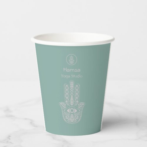 Seafoam Green Yoga Studio Hamsa Customizable Paper Cups