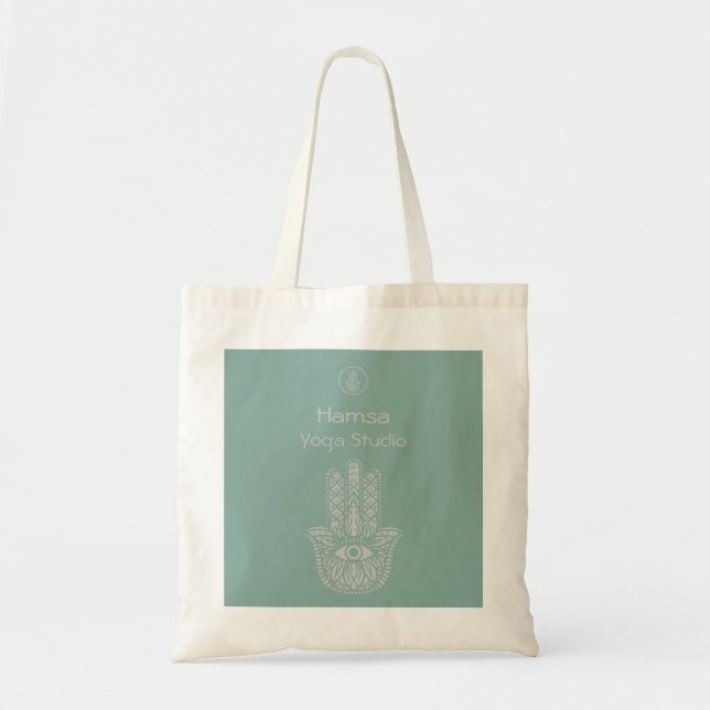 Seafoam Green Yoga Studio Hamsa Customizable Tote Bag (Front)