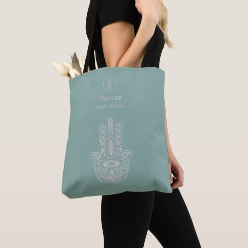 Seafoam Green Yoga Studio Hamsa Customizable Tote Bag