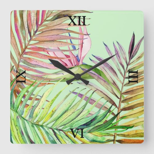 Seafoam GreenTropical Garden Bird Paradise Palm Square Wall Clock