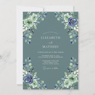 Seafoam Indigo Watercolor Floral Wedding Invitation