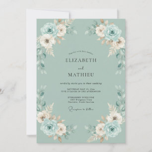 Seafoam Ivory Cream Ranunculus Eucalyptus Wedding Invitation