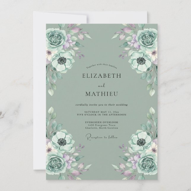 Seafoam Lilac Ranunculus Eucalyptus Wedding Invitation (Front)