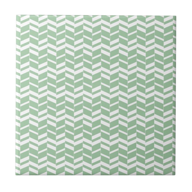 Seafoam Mint Green Herringbone Lines Ceramic Tile (Front)