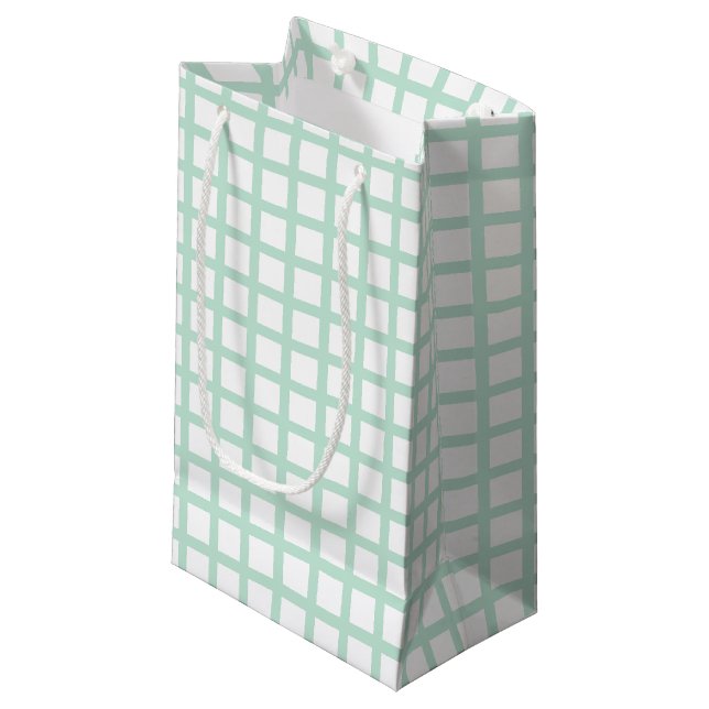 seafoam mint green white squared grid pattern gift small gift bag (Front Angled)