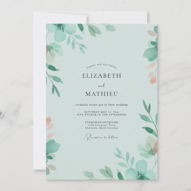 Seafoam Mint Leaf Wedding Invitation (Front)