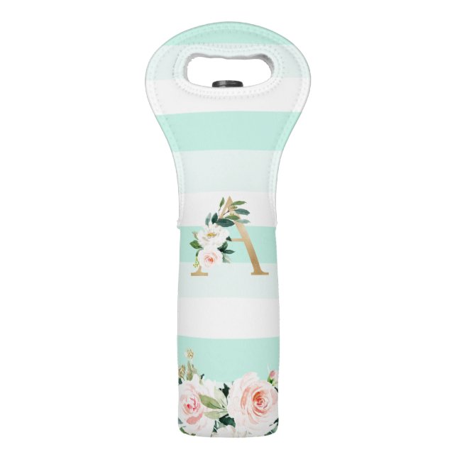 Seafoam Mint Stripe Golden Floral "A" Monogram Wine Bag (Front)