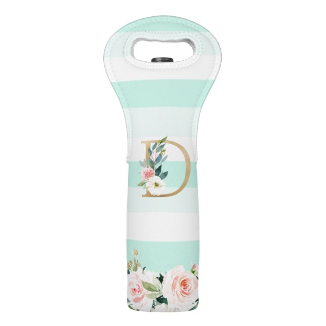 Seafoam Mint Stripe Golden Floral "D" Monogram Wine Bag (Front)