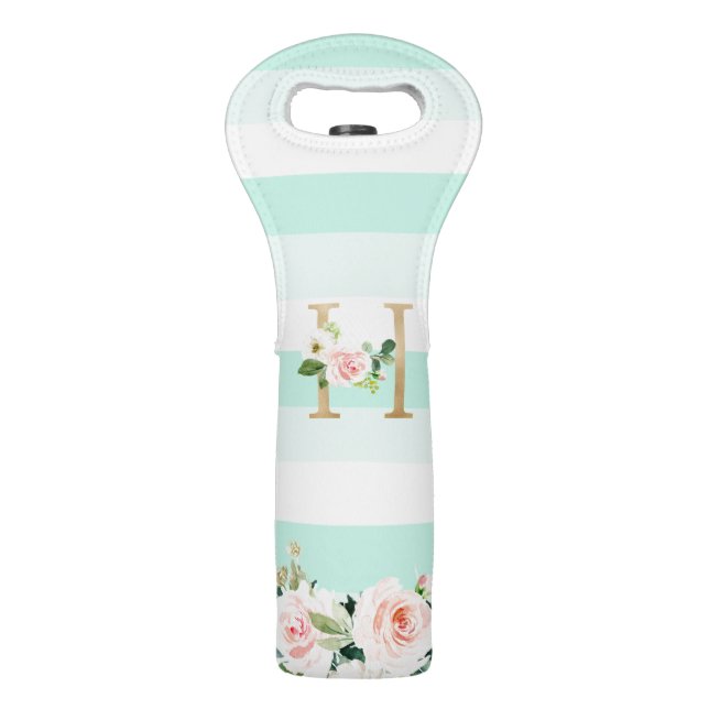 Seafoam Mint Stripe Golden Floral "H" Monogram Wine Bag (Front)