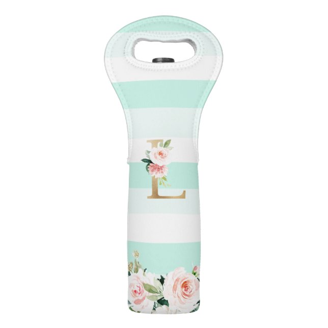 Seafoam Mint Stripe Golden Floral "L" Monogram Wine Bag (Front)