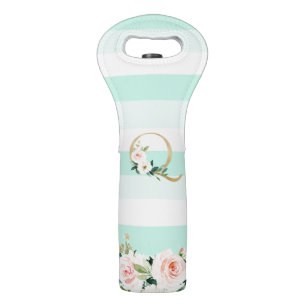 Seafoam Mint Stripe Golden Floral "Q" Monogram Wine Bag